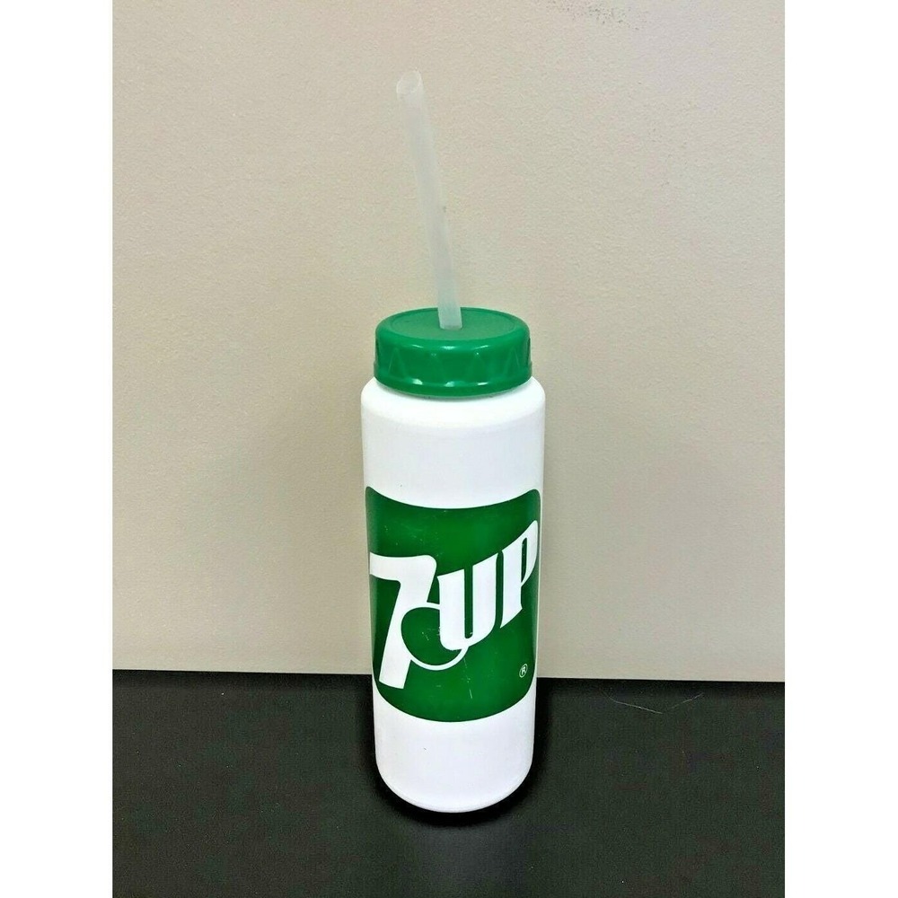 Vintage 7 Up Plastic 9.5" Water Bottle w Straw Soda Advertising Green & White
